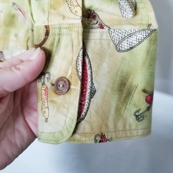 Homemade novelty print‎ Fishing embroidery mens button up shirt chest pocket L - Picture 7 of 9